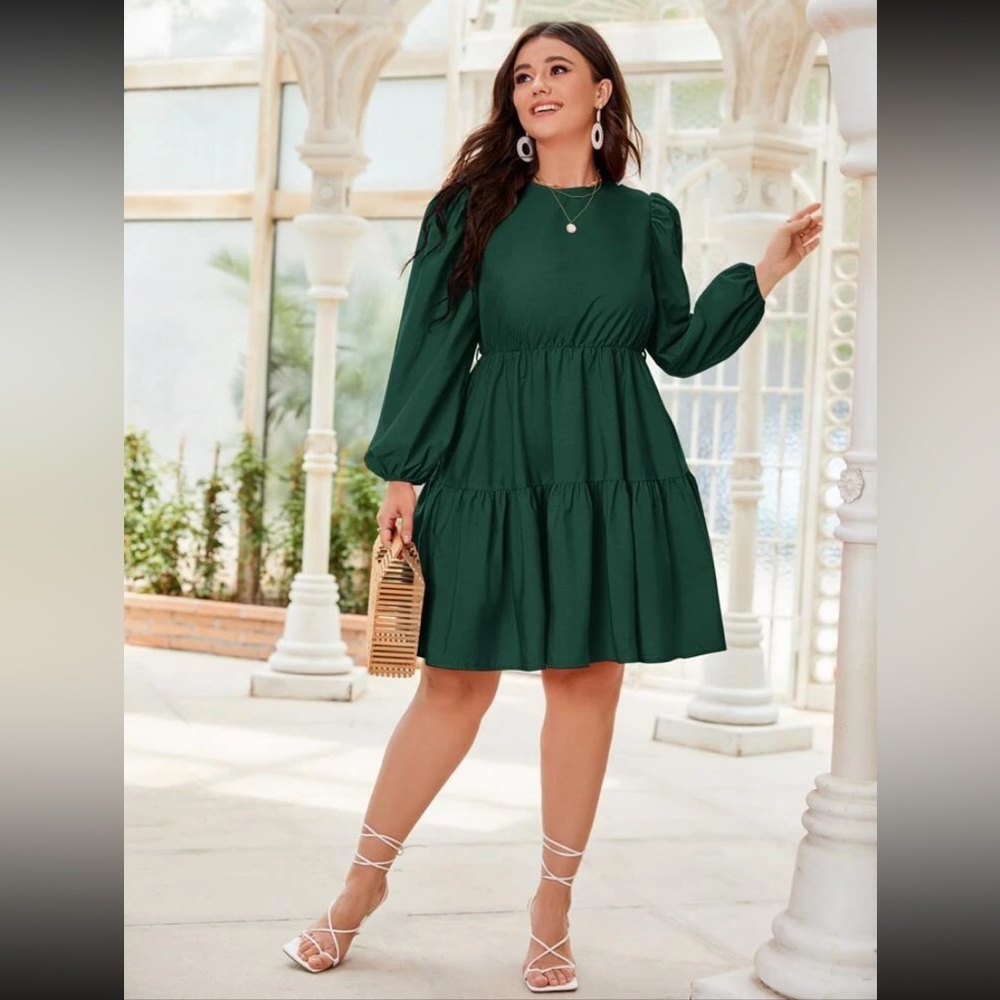 SHEIN Curve Lantern Sleeve Ruffle Hem Dress